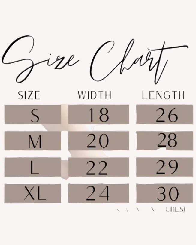 Size chart for clothing with measurements in inches