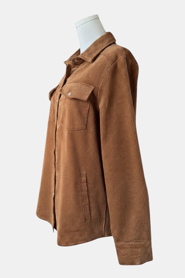 A brown corduroy utility jacket displayed on a white mannequin torso against a light gray background.