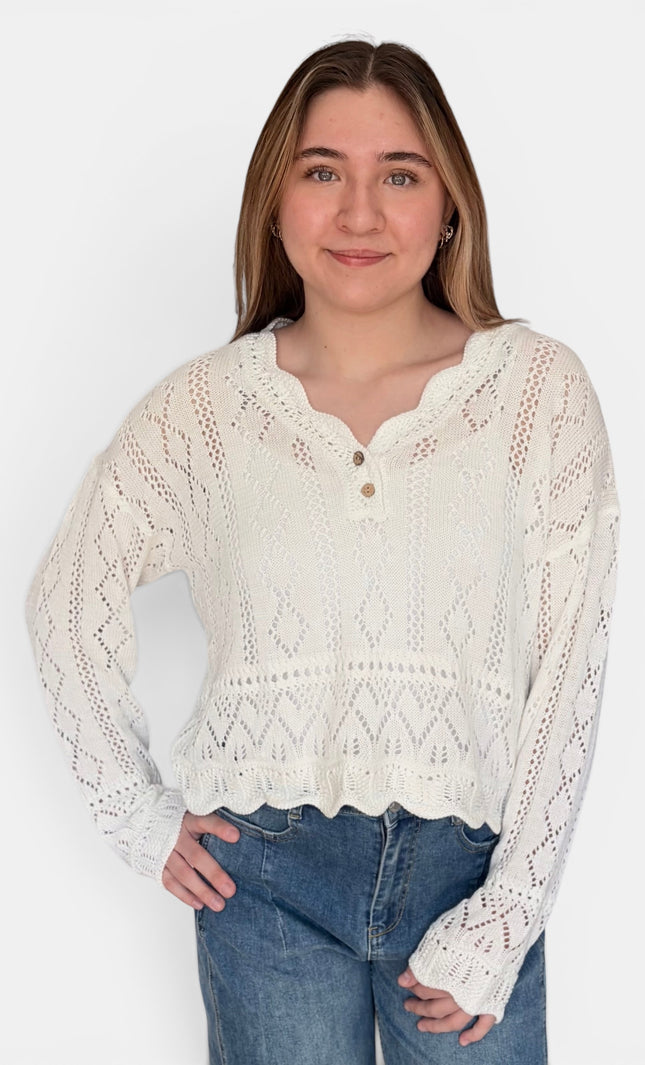 Cotton crochet sweater top with half button front