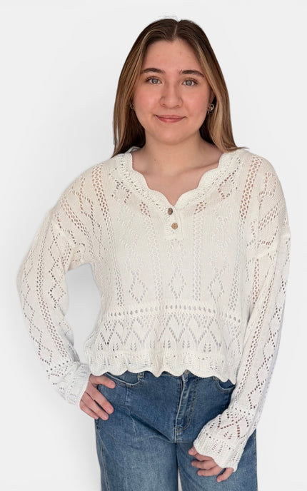 Cotton crochet sweater top with half button front