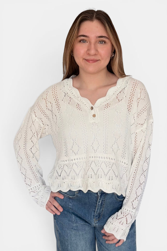 Cotton crochet sweater top with half button front