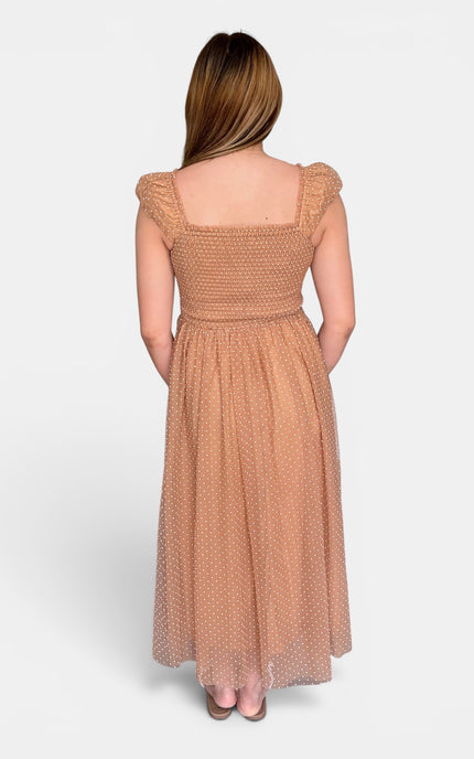 Romantic Swiss dot mesh midi dress with ruffle trim and cap sleeves