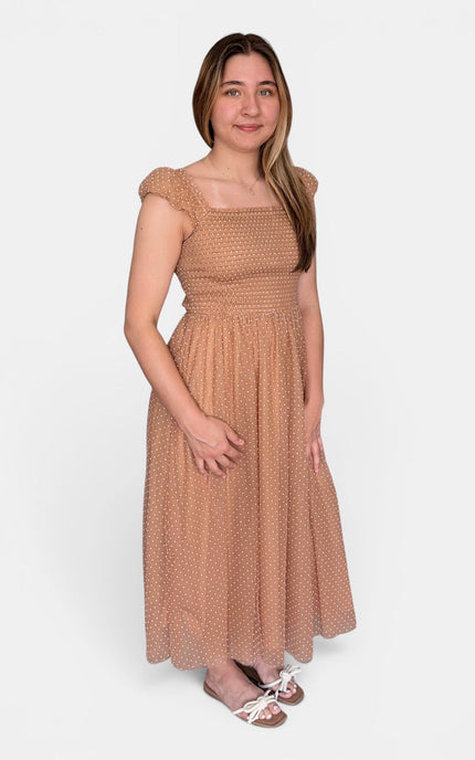 Timeless Swiss dot midi dress with a comfortable smocked bodice