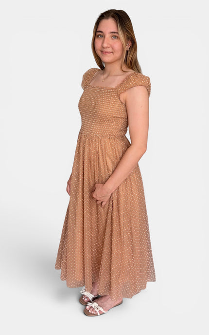 Side view of swiss dot midi dress for church, weddings, and special occasions