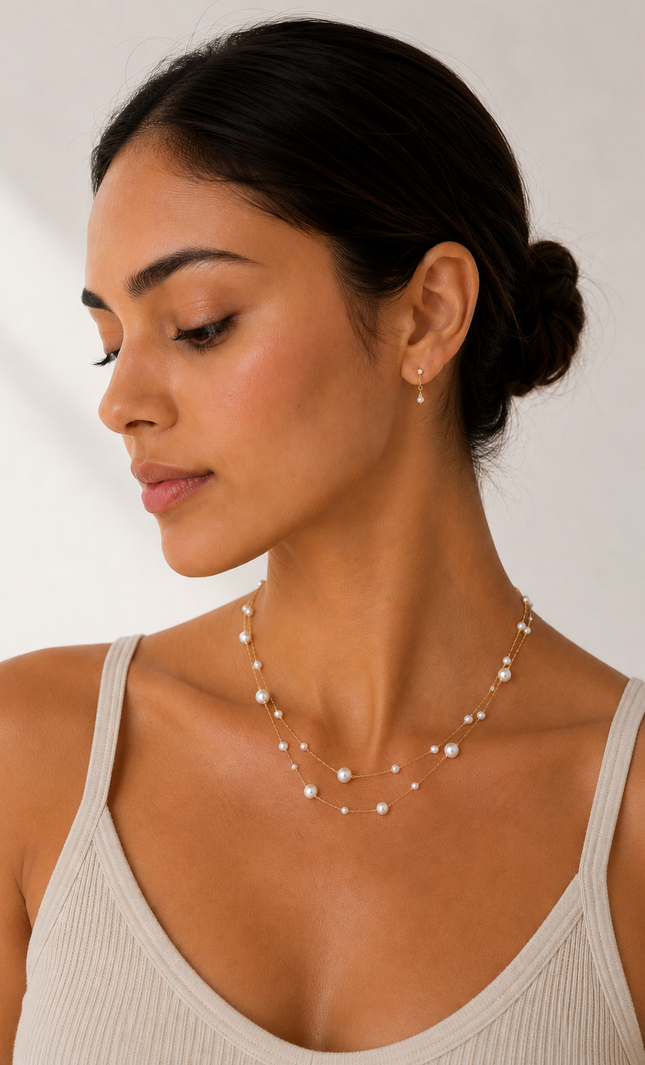 Woman wearing a double strand 18k gold paperclip chain necklace with mixed size imitation pearl stations. The layered necklace rests elegantly along the neckline, adding a timeless, feminine touch to a neutral outfit.