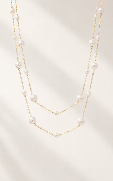 Double strand 18k gold paperclip chain necklace with mixed size imitation pearl stations, featuring delicate 3.2mm and 5mm pearls on layered chains with a timeless, elegant design.