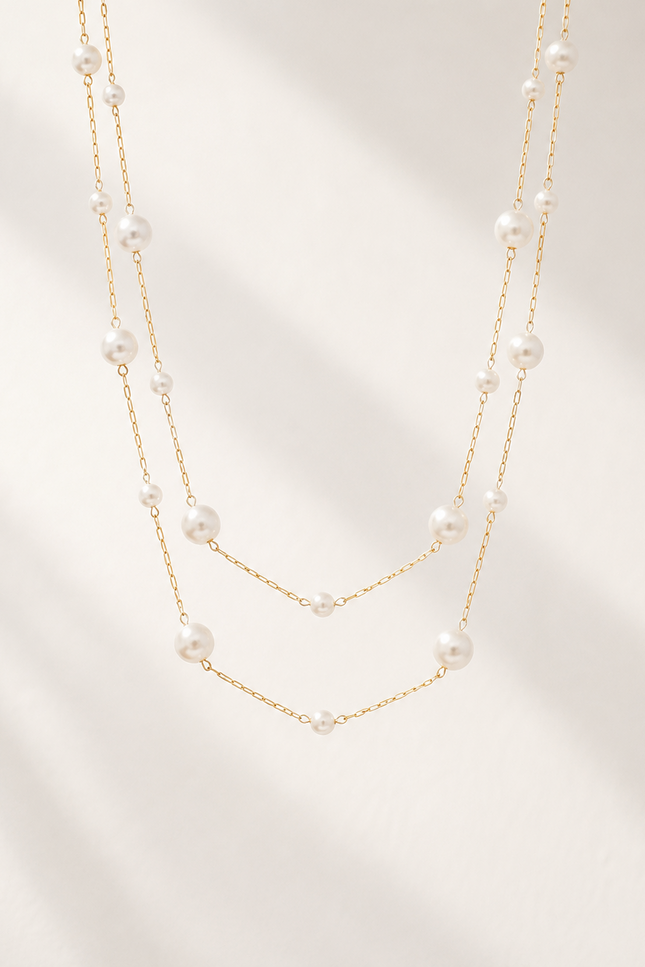 Double strand 18k gold paperclip chain necklace with mixed size imitation pearl stations, featuring delicate 3.2mm and 5mm pearls on layered chains with a timeless, elegant design.