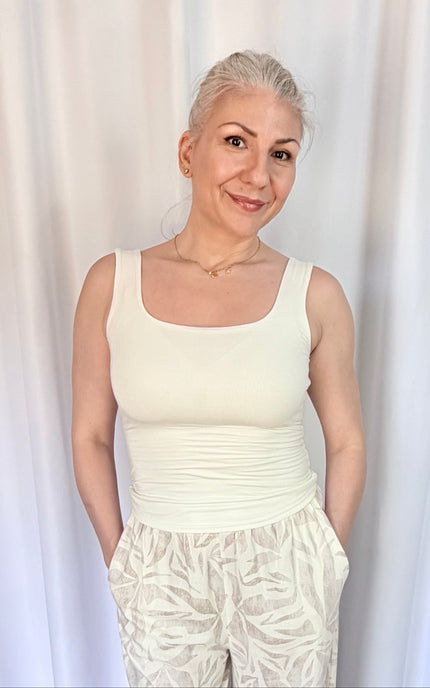 Women's buttery soft double-layer square neck tank top in front view with fitted silhouette.