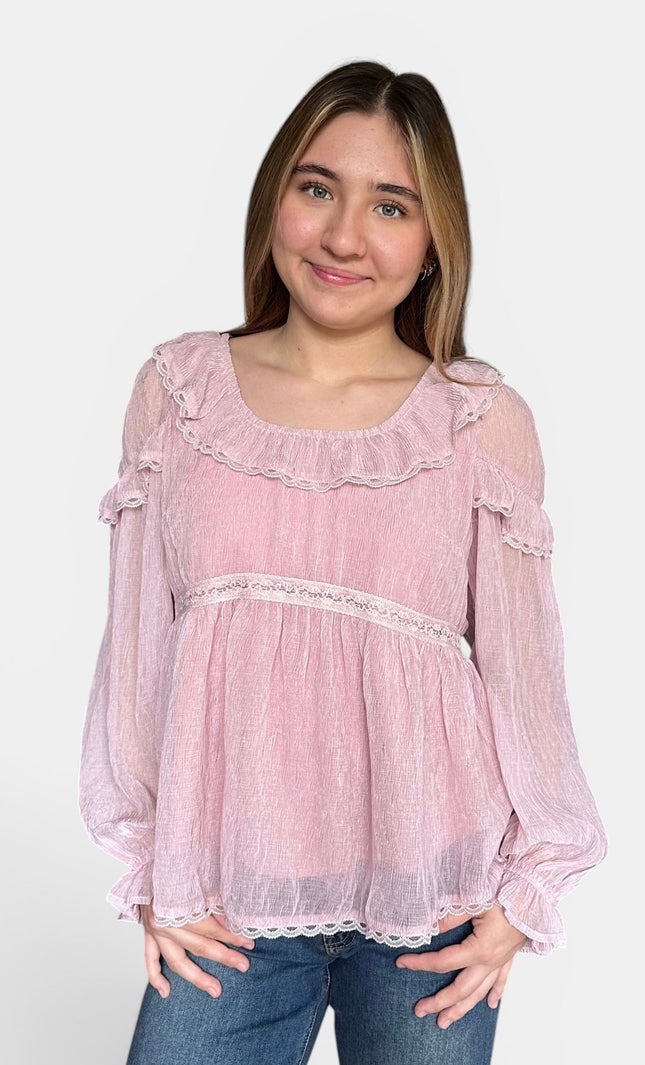 Front view of women's crinkle chiffon peasant blouse with ruffle neckline and puff sleeves.