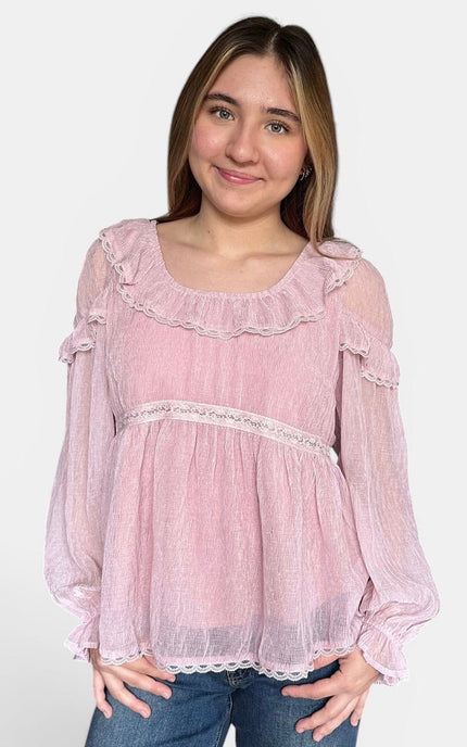 Front view of women's crinkle chiffon peasant blouse with ruffle neckline and puff sleeves.