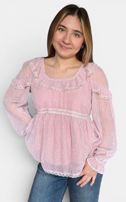 Women's lightweight chiffon blouse with empire waist and lace trim details.