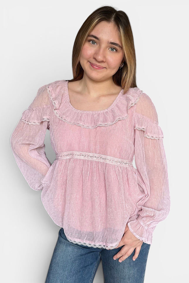 Women's lightweight chiffon blouse with empire waist and lace trim details.