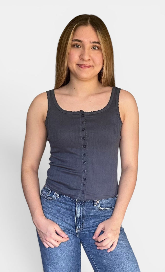 Blue pointelle knit tank top for women front view