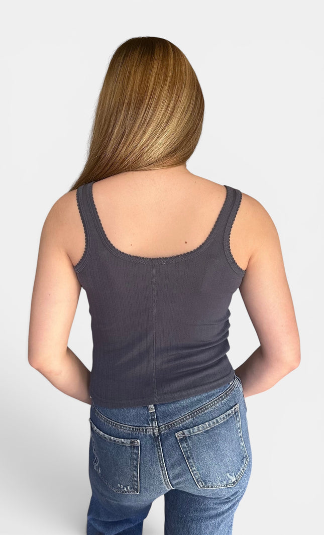 Back view of blue pointelle knit tank top for women front view