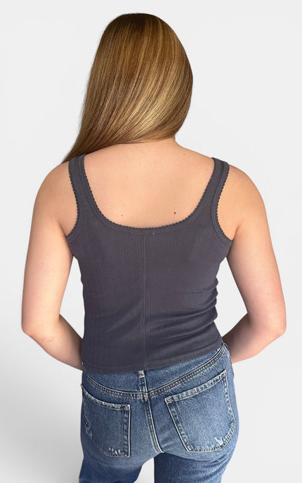 Back view of blue pointelle knit tank top for women front view