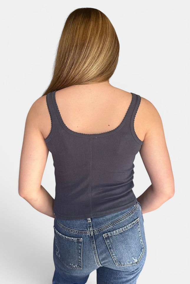 Back view of blue pointelle knit tank top for women front view