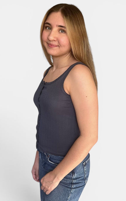 Side view of blue pointelle knit tank top for women front view