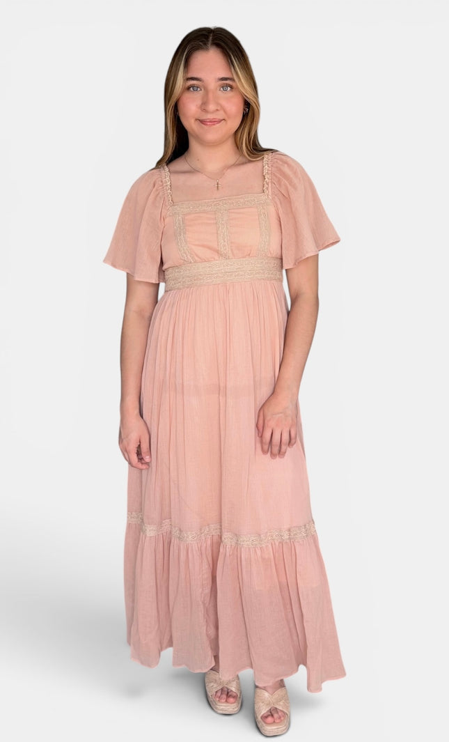 Cotton gauze maxi dress with lace inset details and flutter sleeves