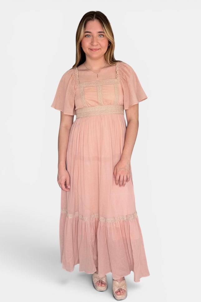 Cotton gauze maxi dress with lace inset details and flutter sleeves