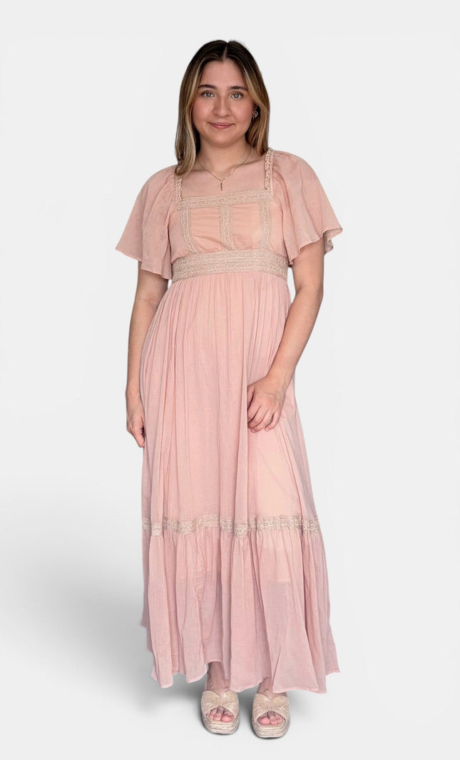 Women’s cotton gauze maxi dress with a belted waist and lace accents