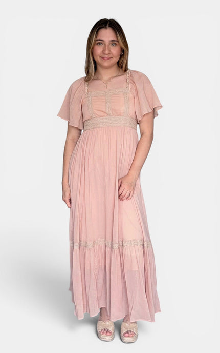Women’s cotton gauze maxi dress with a belted waist and lace accents