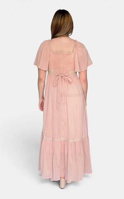 Women’s romantic cotton maxi dress with lace accents and hidden side zipper