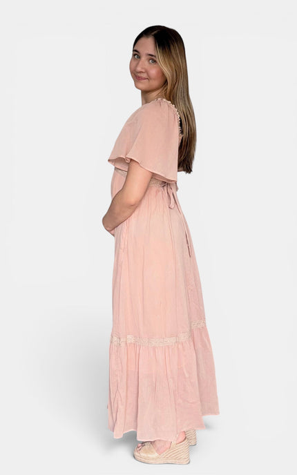 Modest cotton gauze maxi dress with a smocked back and flutter sleeves