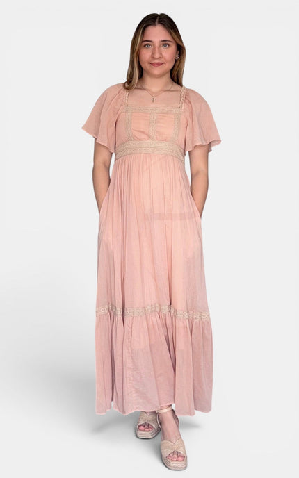 Lightweight cotton maxi dress with lace details, side pockets, and a belted waist