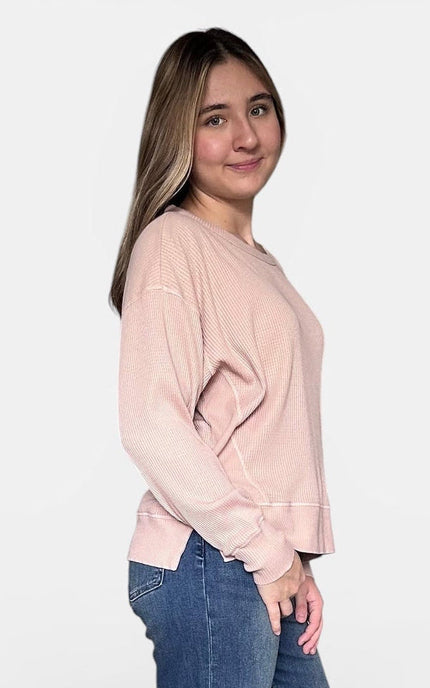 Cotton thermal knit top with drop shoulders