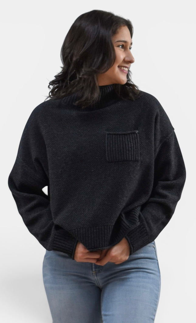 Women's black mock neck long sleeve knit sweater with a soft fitted silhouette.