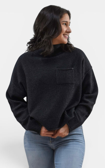 Women's black mock neck long sleeve knit sweater with a soft fitted silhouette.