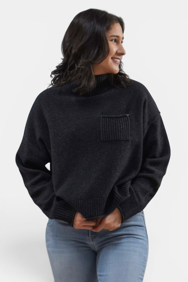 Women's black mock neck long sleeve knit sweater with a soft fitted silhouette.