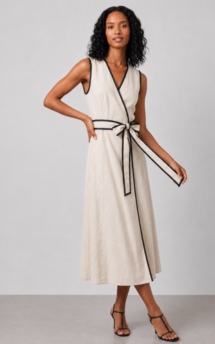 Woman wearing a beige sleeveless dress with a black belt against a gray background