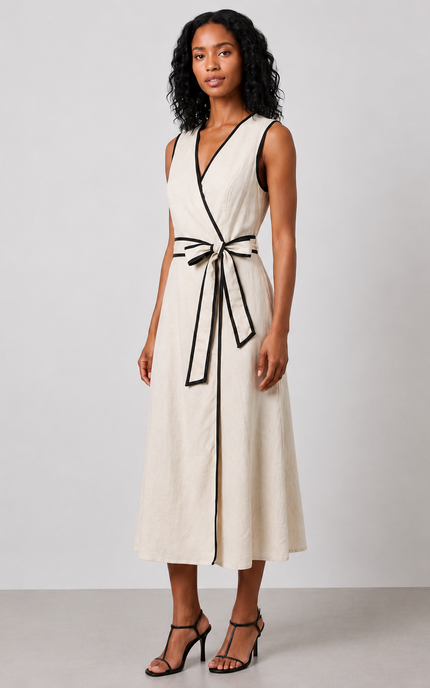 Woman wearing a white dress with black accents on a plain background