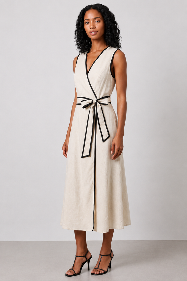 Woman wearing a white dress with black accents on a plain background