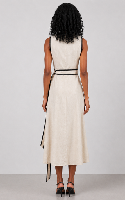 Woman wearing a beige dress with black trim on a white background