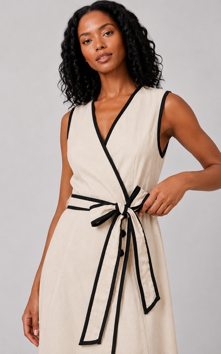 Woman wearing a white dress with black trim against a gray background