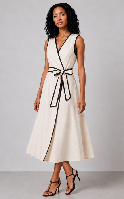 Woman wearing a white dress with black accents on a gray background
