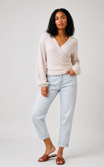 Front angle of brushed ribbed wrap top with flattering V-neck.