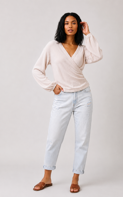 Front angle of brushed ribbed wrap top with flattering V-neck.