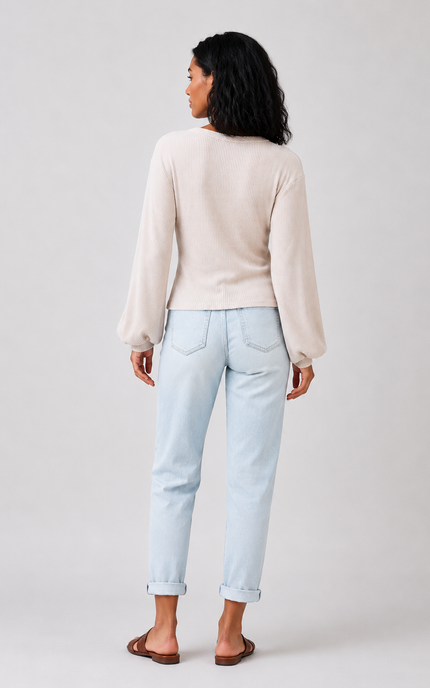 Back view of women's brushed ribbed long sleeve top.