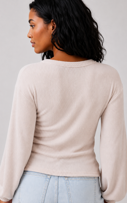 Close up back view of women's brushed ribbed long sleeve top.