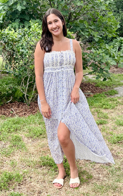 Model wearing the Evangeline Floral Button Maxi, showing relaxed, romantic fit.