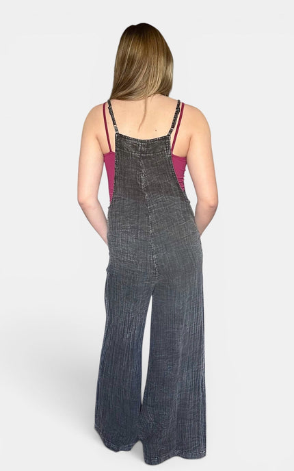 Back of casual black sleeveless jumpsuit with a loose wide leg silhouette styled for warm weather.
