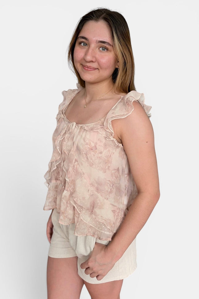 Floral woven top with delicate ruffle accents