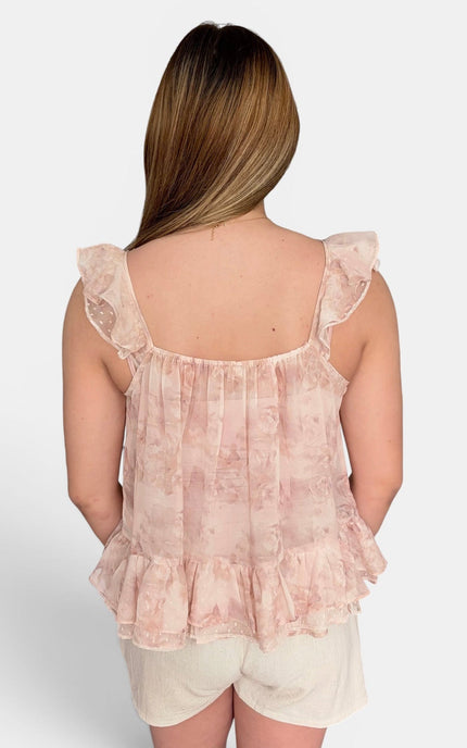 Sheer floral blouse with V-neckline and tie front