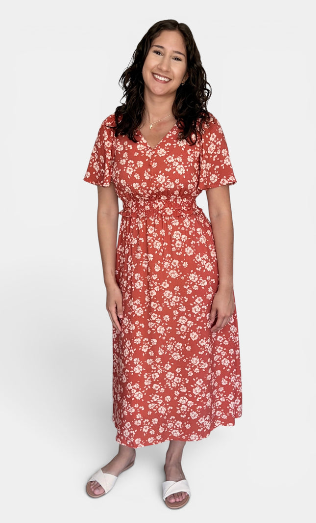 Floral midi dress for women with flutter sleeves, V-neckline, and defined waist