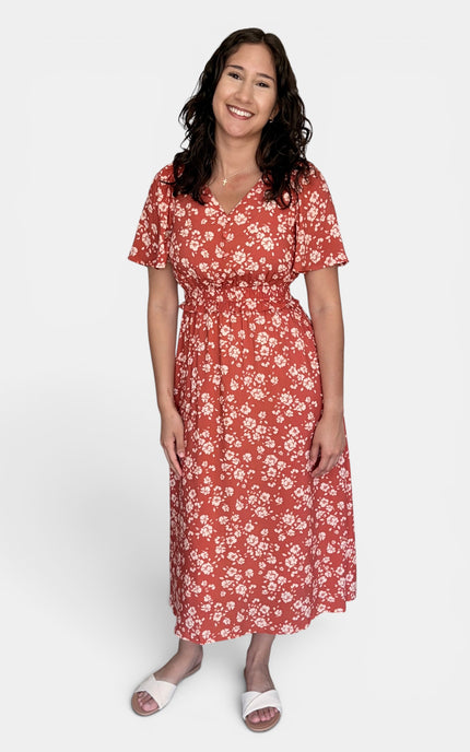 Floral midi dress for women with flutter sleeves, V-neckline, and defined waist