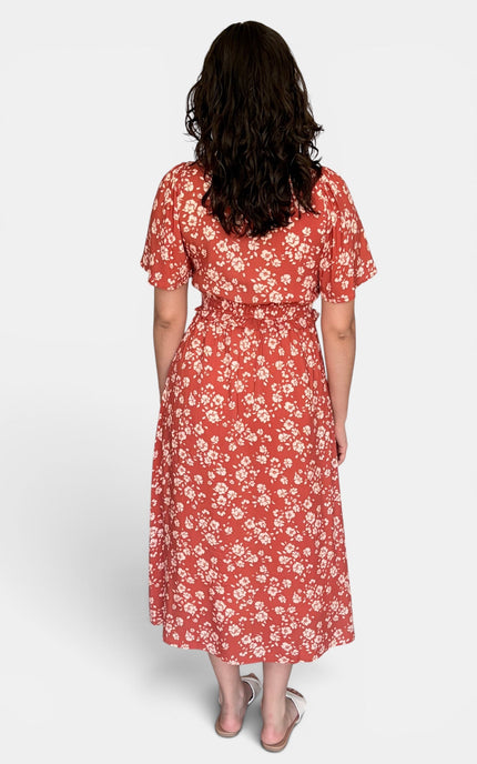 Women's floral midi dress with flutter sleeves and V-neck