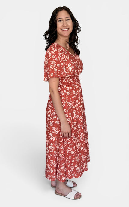 Floral rayon midi dress with ruffle waist and flutter sleeves